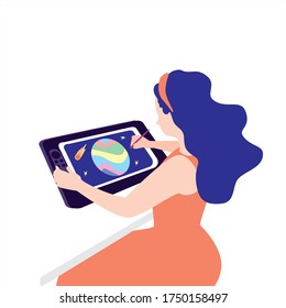 Girl draws a space illustration on a graphic tablet with a screen. Freelancer, work from home. Computer or digital art. Spending time at your favorite job. Get creative at home. Vector illustration