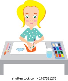 
Girl draws with watercolors. Vector illustration