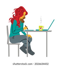 Girl draws or writes next to a laptop and a cup - vector illustration.