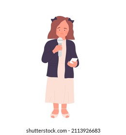 Girl dream job of show presenter with microphone and phone. Conference presentation professional speaker