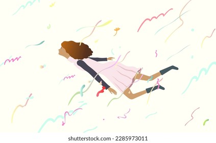 Girl dream. Vector illustration of woman flying in the sky. Concept art of freedom and inspiration. Conceptual artwork