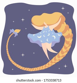 A girl in a dream walks along her long red braid and is filled with happiness from a fabulous journey. A journey in a dream. Dream dream.