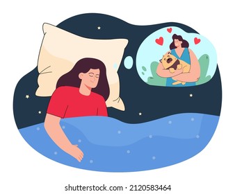 Girl dreaming about adopting little dog. Woman sleeping on comfortable bed at night flat vector illustration. Adoption, human love to animals concept for banner, website design or landing web page