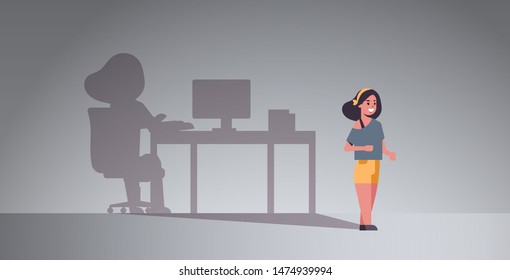 girl dreaming about being freelancer shadow of woman working on computer at workplace imagination aspiration concept female cartoon character full length flat horizontal