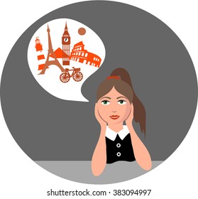 Girl dreaming about vacation. Office worker in the office dreaming about summer vacation. Vector. 