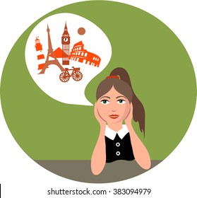 Girl dreaming about vacation. Sitting in the office at the workplace dream about holidays. Vector illustration. 