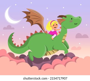 A girl is dreaming with dragon. Children's dream with a dragon flying with girl. Flat vector illustration of dragon and girl. 