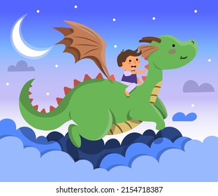 A girl is dreaming with dragon. Children's dream with a dragon flying with girl. Flat vector illustration of dragon and girl. 