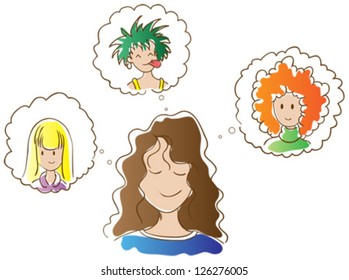 Girl dreaming of a new hairstyle and a new hair color. Brown-haired girl with wavy hair. Options hairstyles: curly redhead, blonde straight hair and punk with green hair.