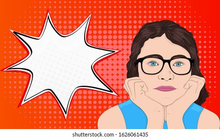 Girl is dreaming. Pop art style with bubble speech in star shape. On red background. Vector illlustration