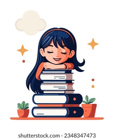 A girl dreaming, resting her face on her hand that rests on a stack of books. Education concept. Back to school. Vector illustration