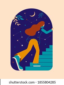 Girl Dreaming And Running Away At Night, Going Up The Stairs Through The Open Portal. The Concept Of Lucid Dreams, Astral, Escape From Reality, Spiritual Practice, Freedom, Astrology. Retro Style Card