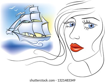 Girl dreaming. Sailing boat in the sea. White background