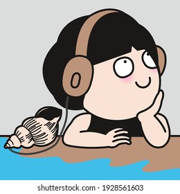 Girl Dreaming Of The Sea While Listening To Sea Shell Concept Card Character illustration