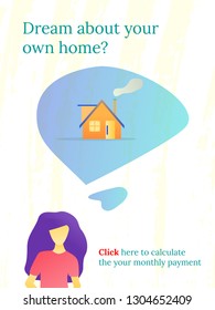 Girl dreams about own house. Banner for ads. Real estate business. Economy rent.