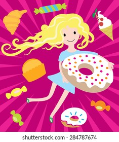 Girl dreams with big donut and tasty sweets vector illustration