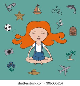 Girl dreams and meditation - vector. Flat design. summer icons.