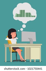 The girl dreams of a pile of money. Vector illustration. Suitable for animation (individual segments)