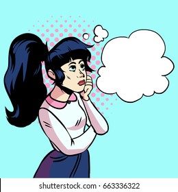 The girl dreams pop art. Thinks and dreams about the future. Vector illustration in comic style.