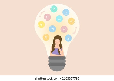 Una chica sueña con un vector de números aleatorios, número flotante de loto aleatorio vectorial, diseño plano de la bola de loto número 0 a 9 vector,