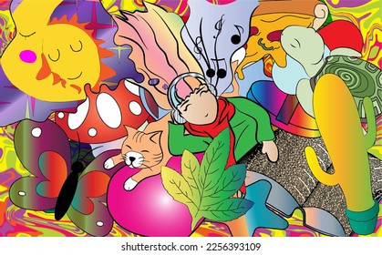 a girl dreams of a surreal world out of inner mind, psychedelia, psychedelic art