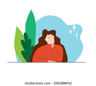 The girl dreams. Vector color flat illustration. A woman sits at a table, looks away, and dreams. Suitable for printing on objects