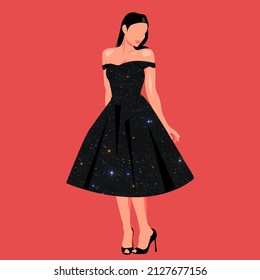 A girl in a dress. A girl in a beautiful evening dress in the color of space. Vector illustration.