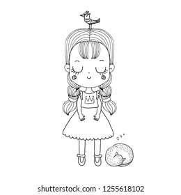 A girl in a dress with a bird on her head and a cat lying next to her/Beautiful romantic girl with cat/cute girl/T-shirt Graphics/illustration princess girl/black and white/coloring book for children