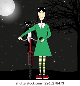 Girl in dress with black cat on the red bicycle against night sky background with moon and stars. Nighty landscape with silhouette of a tree, person and bike.