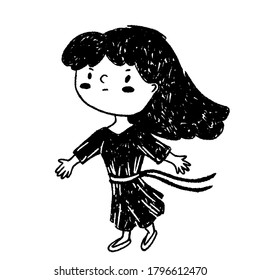 Girl in dress black on white vector illustration. Protesting or protecting girl character. Brave girl linocut stamp handdrawn texture. Strong woman character black silhouette. Feminist protest mascot