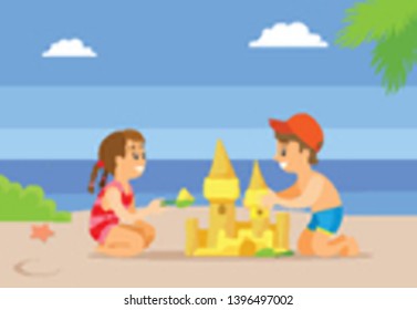 Girl in dress and boy in shorts making sand castle, summertime activity. Green plant and starfish, cloudy weather, friends playing on beach vector