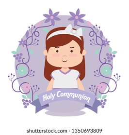 girl with dress and branches leaves to first communion