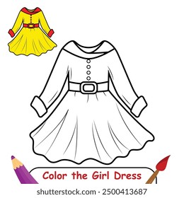 Página para colorear del vestido de la muchacha, libro para colorear para los niños, Vector aislado del vestido de la muchacha, libro para colorear del dibujo del vestido de la muchacha para los niños