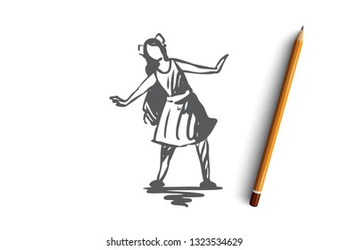 Girl, dress, cute, pretty, hair concept. Hand drawn fun girl with long hair posing concept sketch. Isolated vector illustration.