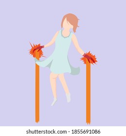 
Girl in a dress flies on jet gloves