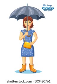 Girl in dress and in gumboots, holding an umbrella.