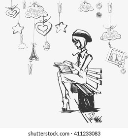 girl in a dress and hat ink drawing in black and white, on a bench reading a book, notebook