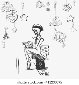 girl in a dress and hat ink drawing in black and white, on a bench reading a book, notebook