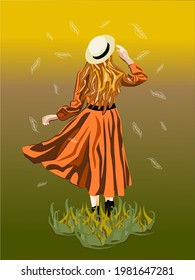 A girl in a dress and hat stands on the grass against the background of flying white feathers.
