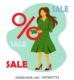 girl in dress holds percentage sign in her hands, discounts on goods, promotions, pre-holiday sales. Vector illustration of the concept of discounts and sales, price reduction.
