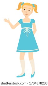 Girl in dress, isolated female character, kid with ponytails vector. Child in gaiters and ballet shoes, schoolgirl with bows in hair, clothes and outfit