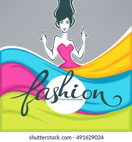 girl in dress look like a colorful  fabric,  fashion banner, card, sticker, flyer background vector template