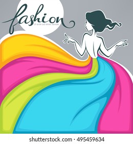 girl in dress look like a colorful fabric, fashion banner, card, sticker, flyer background vector template

