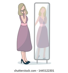 Girl in a dress looking at her reflection in a long mirror