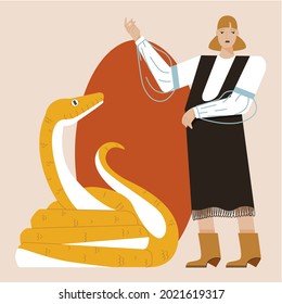 Girl in dress near the yellow snake on red oval. Modern feminist vector illustration. The concept of strength of character, international women's day, activism, feminism. Vector illustration