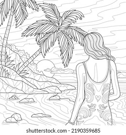 
Chica vestida en la playa con palmeras. Colores libros antiestrés para niños y adultos. Ilustración aislada sobre fondo blanco. Estilo zenano-margino. Dibujo manual