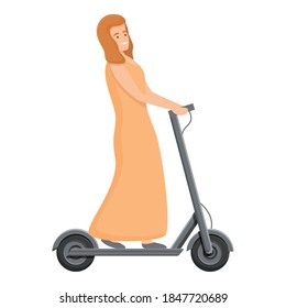 Girl dress on electric scooter icon. Cartoon of girl dress on electric scooter vector icon for web design isolated on white background
