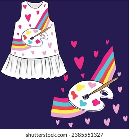 girl dress and palette print illustration. Girl child tshirt pattern design. T shirt trendy