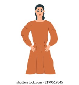 The girl in the dress put her hands on her hips. Vector illustration in a flat style.