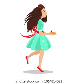 girl in dress with ribbon and hair curlers in hair. housewife runs and holds a piece of cake. vector illustration